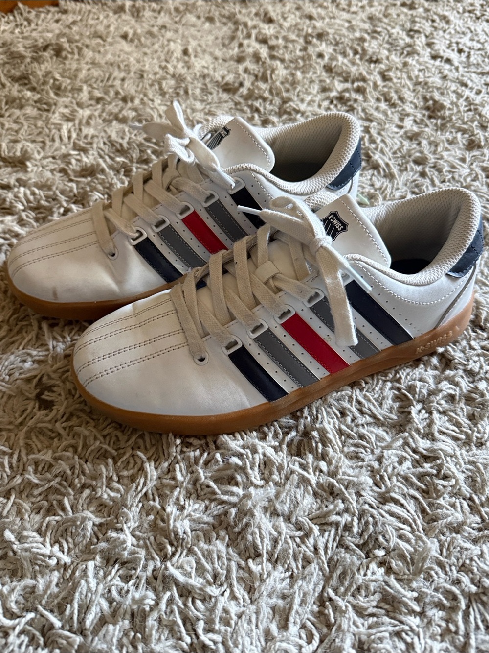 White Sneakers with Navy & Red Stripes - Picture 3 of 7